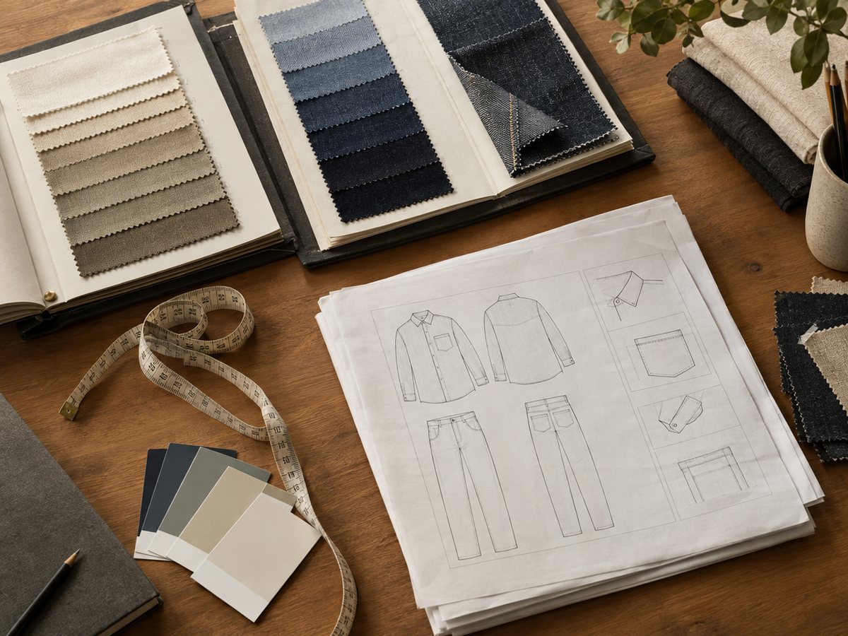 Fabric swatch books, a measuring tape and a tech pack on a sourcing desk