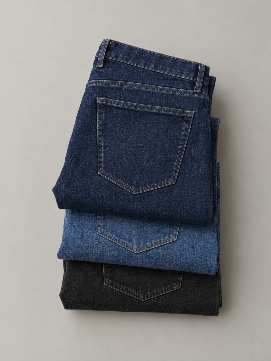 Folded stack of men's denim jeans in three washes, Rose Sourcing