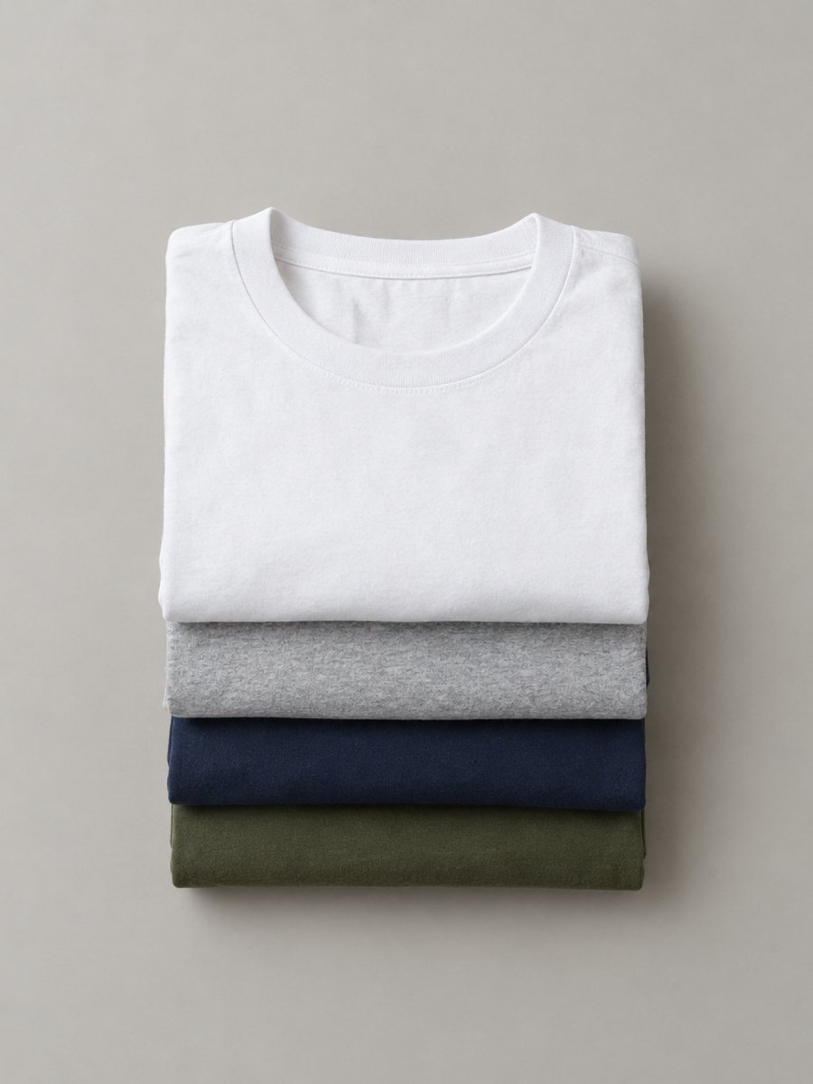 Stack of plain cotton T-shirts in white, grey, navy and olive, Rose Sourcing